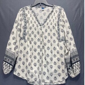 Old Navy peasant blouse Womens XL Bk/Wt floral print balloon sleeve Boho Cottage
